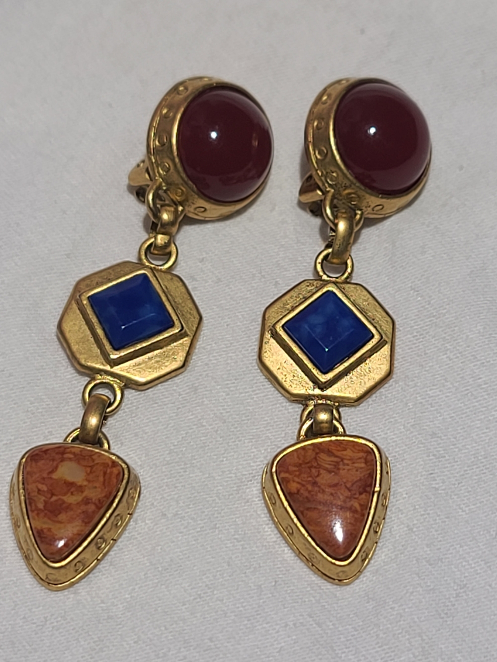 Robert Rose Vintage Gold-Tone Earrings with Burgundy, Blue & Brown Accents